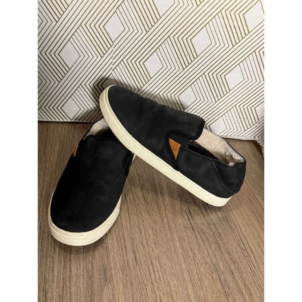 OluKai Pehuea Heu Black Leather Shearling Lined Slip On Sneakers Womens 6 20391